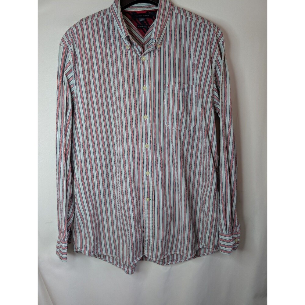 Tommy Hilfiger 80's 2 Ply Cotton Striped Blue Long Sleeve Button Down Sz XL